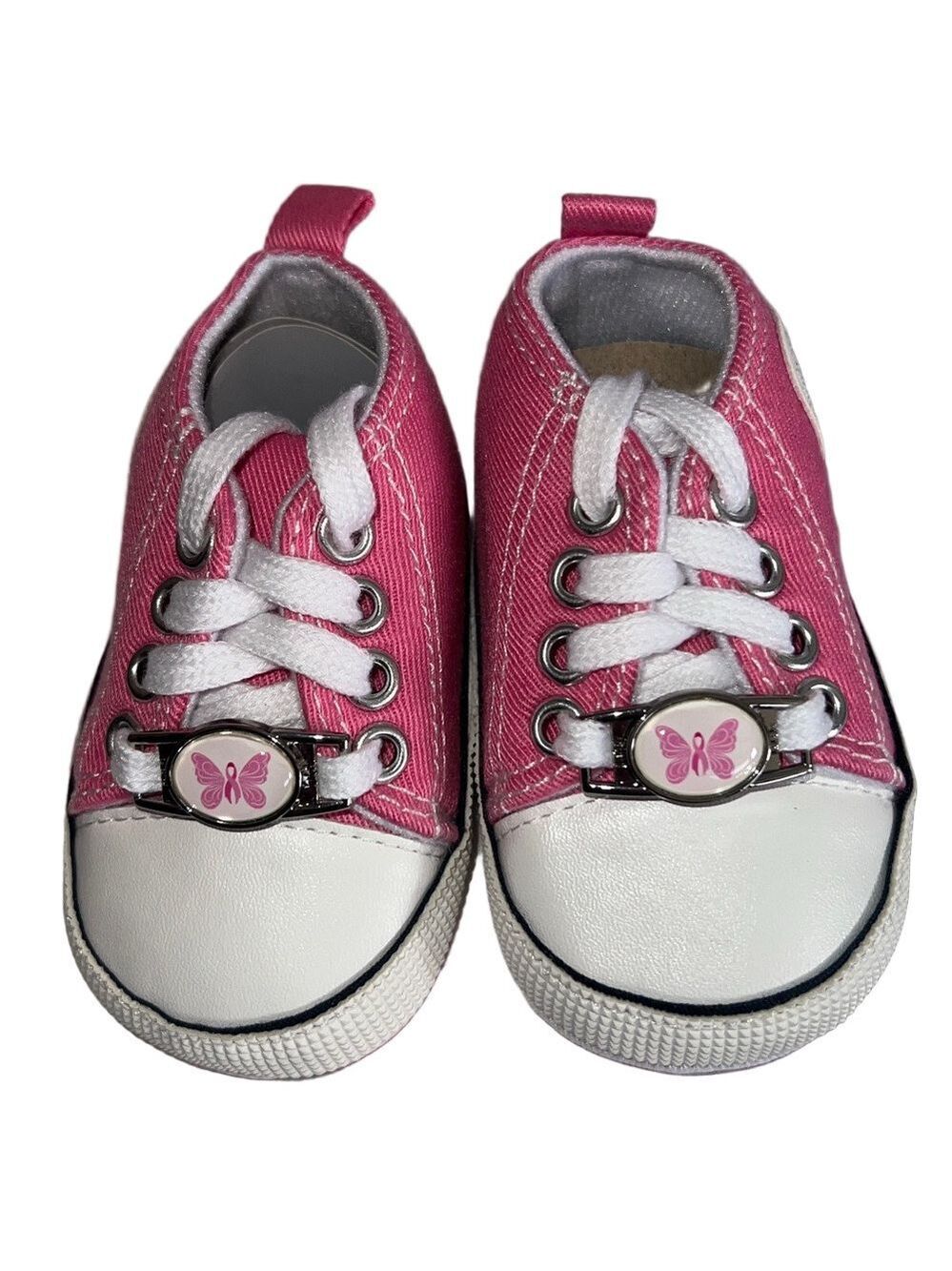 Pink and White Baby Sneakers with Breast Cancer Butterfly Charm, Baby Size 11